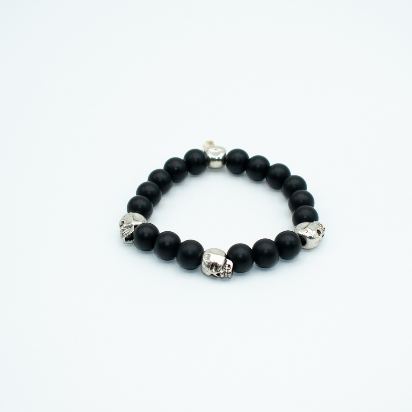 Black Onyx Stretch Beaded Bracelet With Skull Charms