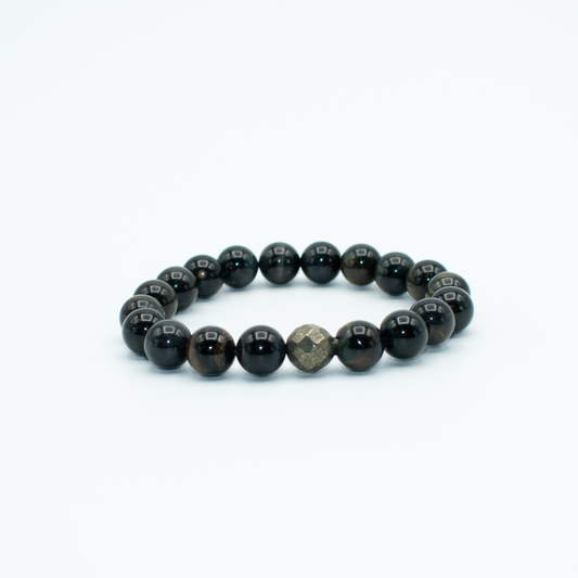 PRODUCT DETAILS  10mm Golden Obsidian&nbsp; 10mm Copper Pyrite Beads 7.5 inches 1.2 oz Handmade in USA We use premium durable materials and stones in our jewelry. All pieces may vary slightly in color, shape, and size. Please measure your wrist before you make your purchase for an accurate fit. This is a final sale item.&nbsp;No refunds, No exchanges, No returns.  You will receive a free: Storage box or bag and cleaning cloth with your order.